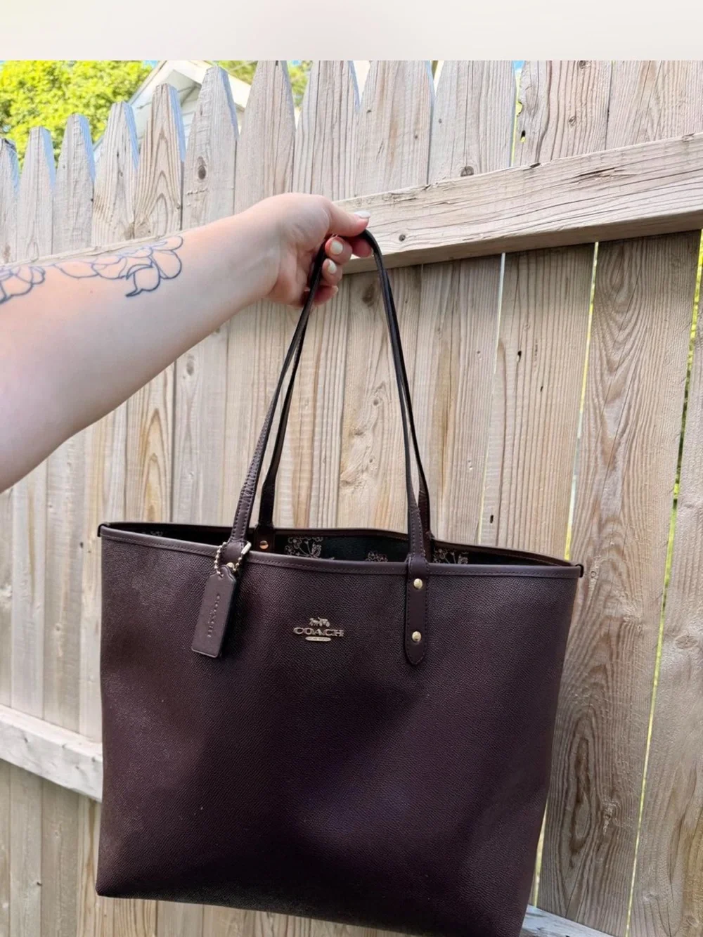 Coach Black Floral Leather Tote with Pink Accents